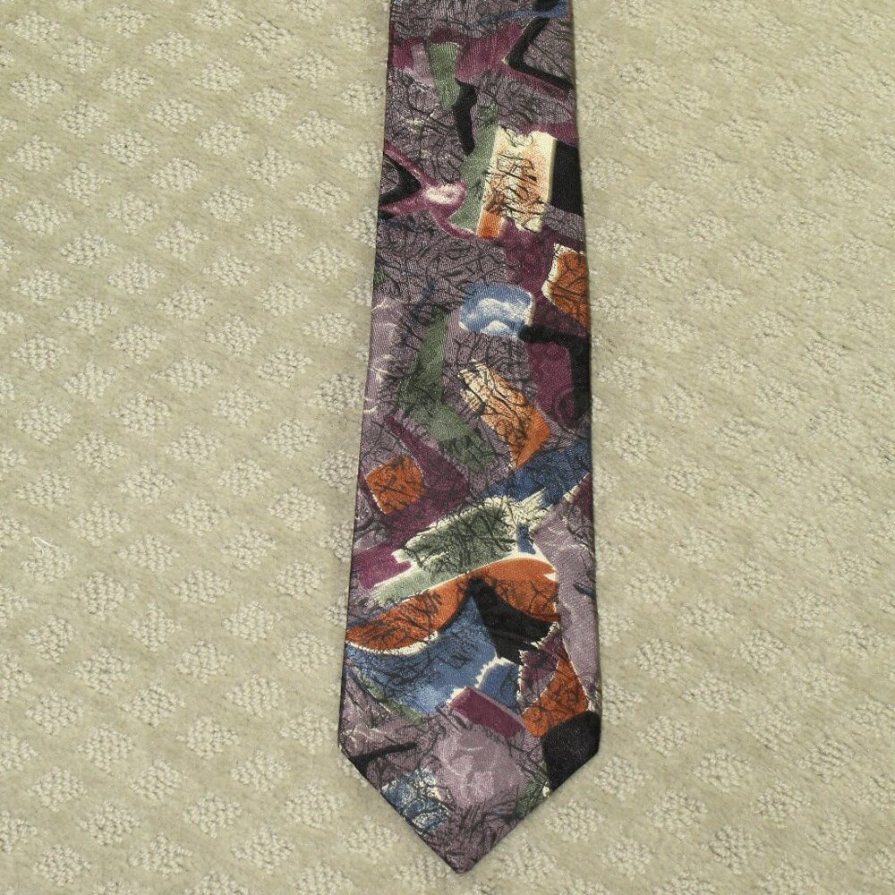 Vintage 80s Oscar de la Renta Abstract Mutilcolor Purple Orange Blue Silk Tie